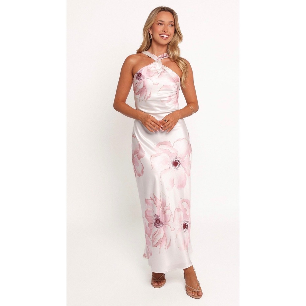 Petal & Pup Floral Halter Midi Dress Pink White Satin Twist Neck US 8